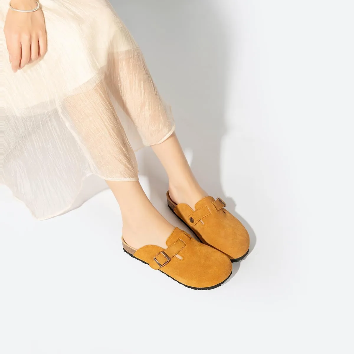 Unixsex Cork Suede Clogs and Mules,Leather Clog Women,Suede Clog Men,Soft Leather Sandal,House Slipper,Skin-Friendly Footbed,Adjustable Buckle,Arch Support