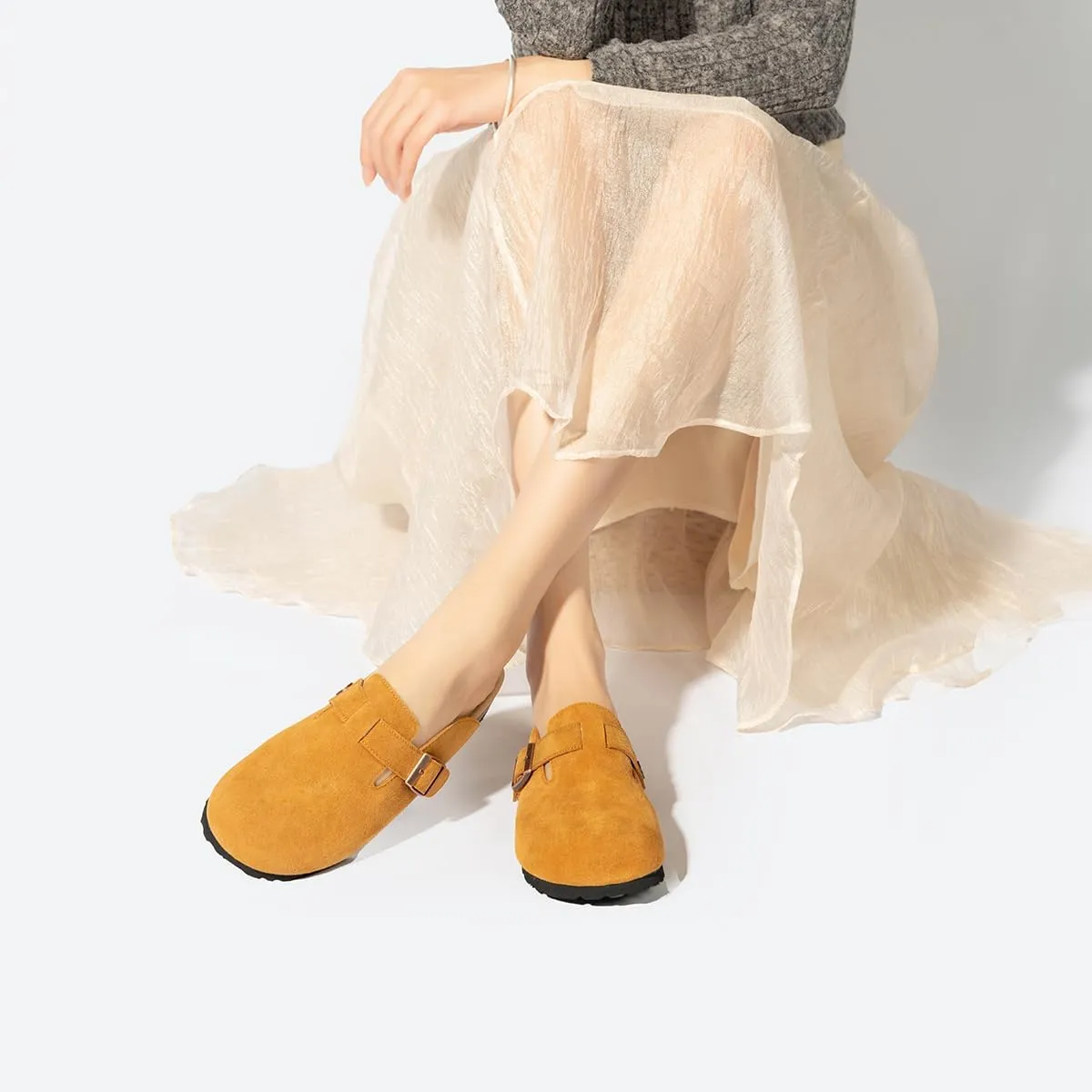 Unixsex Cork Suede Clogs and Mules,Leather Clog Women,Suede Clog Men,Soft Leather Sandal,House Slipper,Skin-Friendly Footbed,Adjustable Buckle,Arch Support