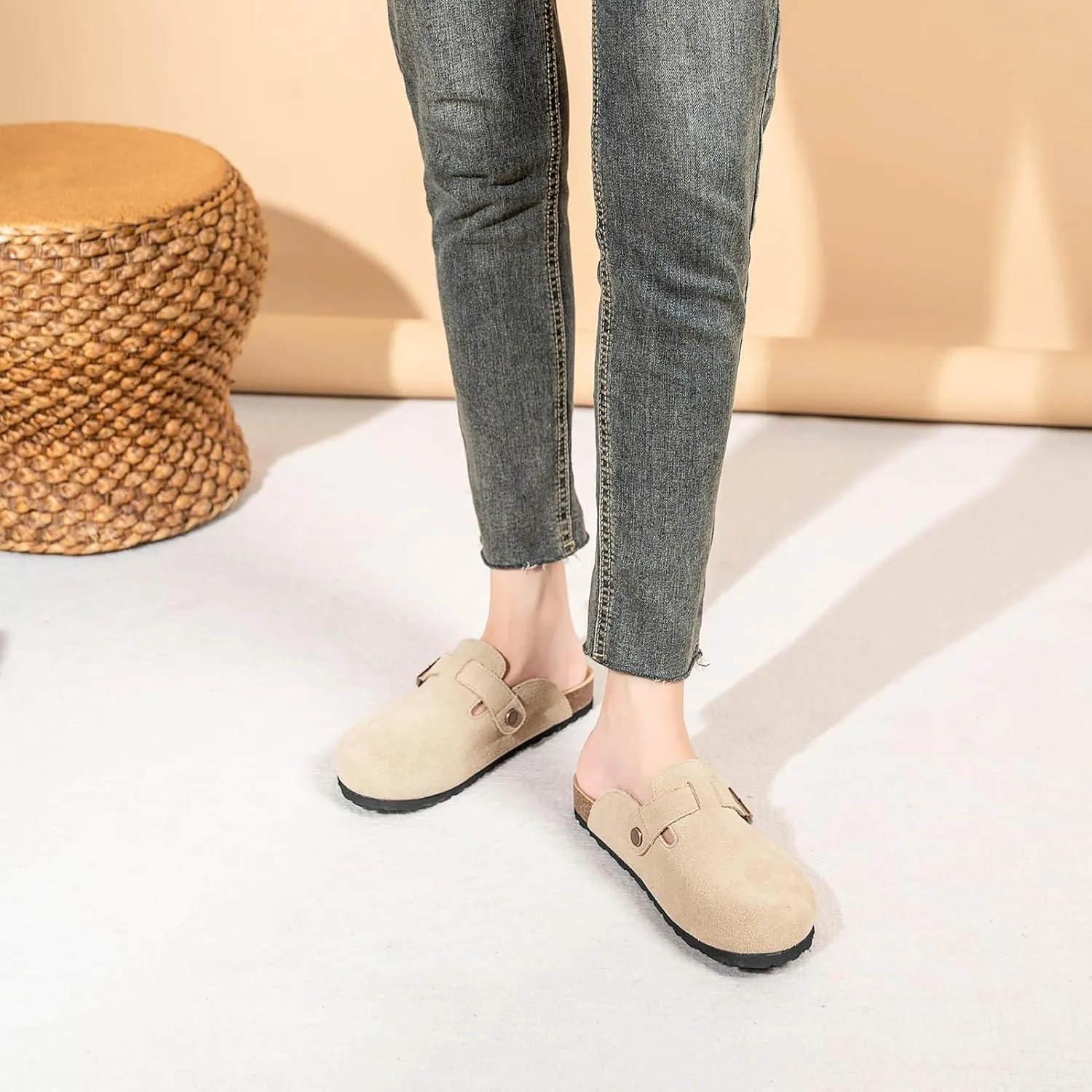 Unixsex Cork Suede Clogs and Mules,Leather Clog Women,Suede Clog Men,Soft Leather Sandal,House Slipper,Skin-Friendly Footbed,Adjustable Buckle,Arch Support