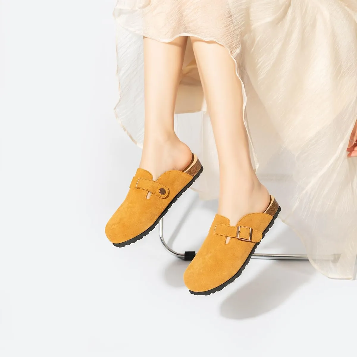 Unixsex Cork Suede Clogs and Mules,Leather Clog Women,Suede Clog Men,Soft Leather Sandal,House Slipper,Skin-Friendly Footbed,Adjustable Buckle,Arch Support