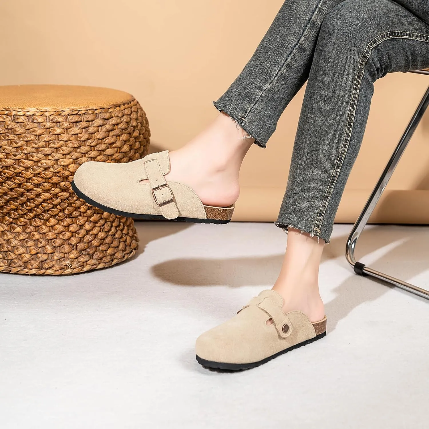 Unixsex Cork Suede Clogs and Mules,Leather Clog Women,Suede Clog Men,Soft Leather Sandal,House Slipper,Skin-Friendly Footbed,Adjustable Buckle,Arch Support