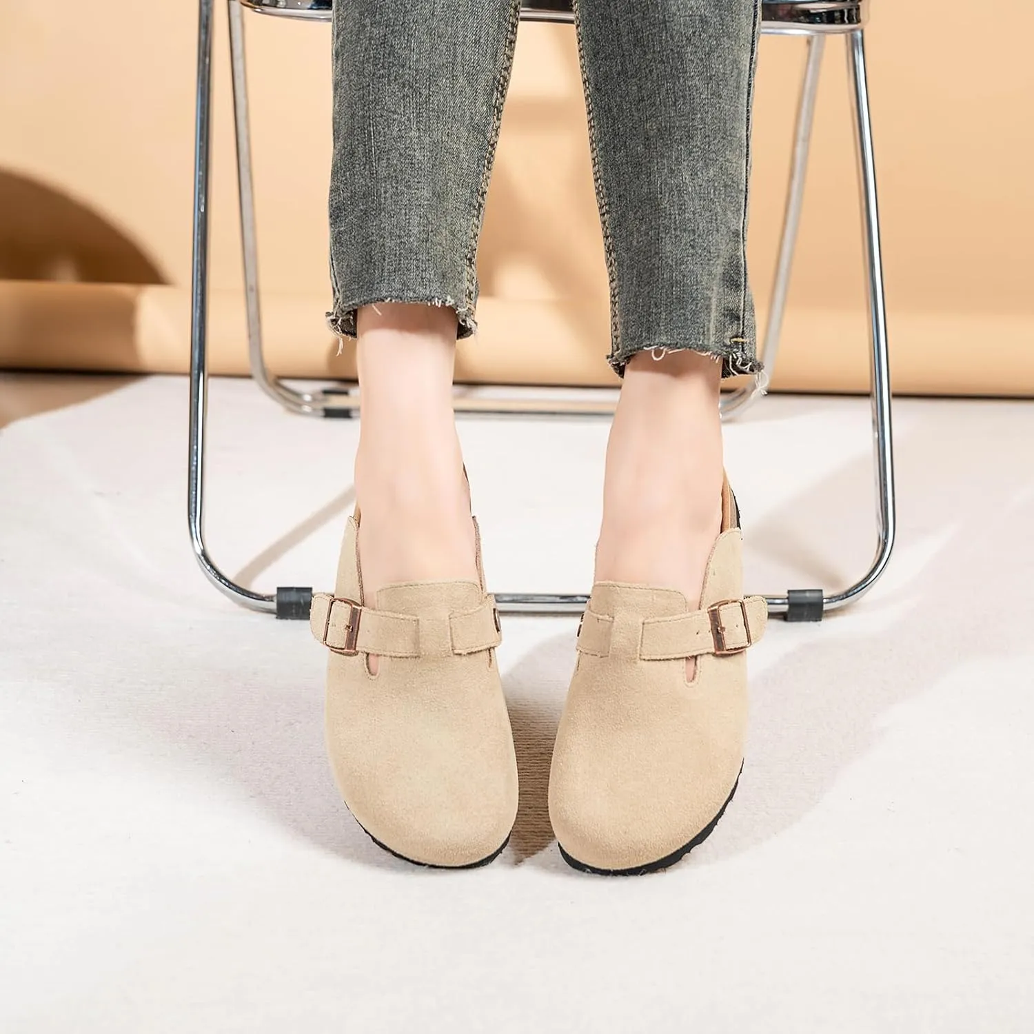 Unixsex Cork Suede Clogs and Mules,Leather Clog Women,Suede Clog Men,Soft Leather Sandal,House Slipper,Skin-Friendly Footbed,Adjustable Buckle,Arch Support