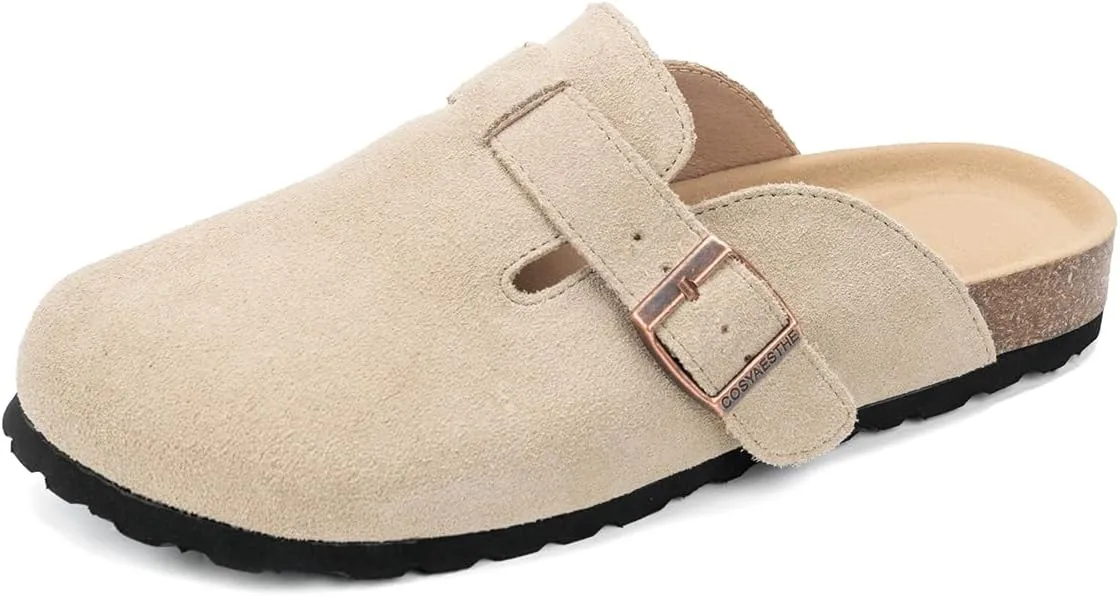 Unixsex Cork Suede Clogs and Mules,Leather Clog Women,Suede Clog Men,Soft Leather Sandal,House Slipper,Skin-Friendly Footbed,Adjustable Buckle,Arch Support