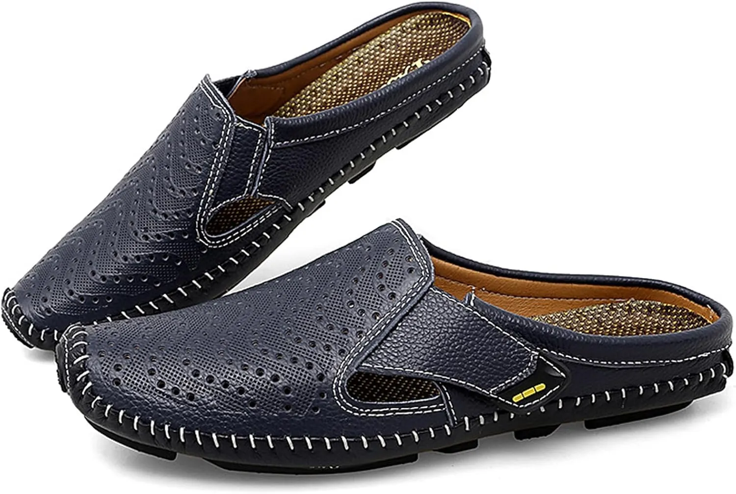 URLECHS Men's Leather Square Toe Cutout Mules,Breathable Punching Hook&Loop Backless Comfortable Loafers,Casual Fashion Flats Walking Driving Shoes