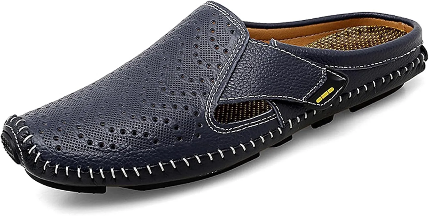 URLECHS Men's Leather Square Toe Cutout Mules,Breathable Punching Hook&Loop Backless Comfortable Loafers,Casual Fashion Flats Walking Driving Shoes