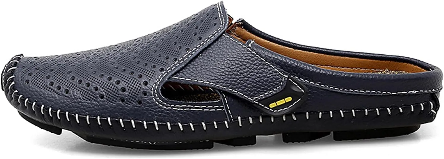 URLECHS Men's Leather Square Toe Cutout Mules,Breathable Punching Hook&Loop Backless Comfortable Loafers,Casual Fashion Flats Walking Driving Shoes
