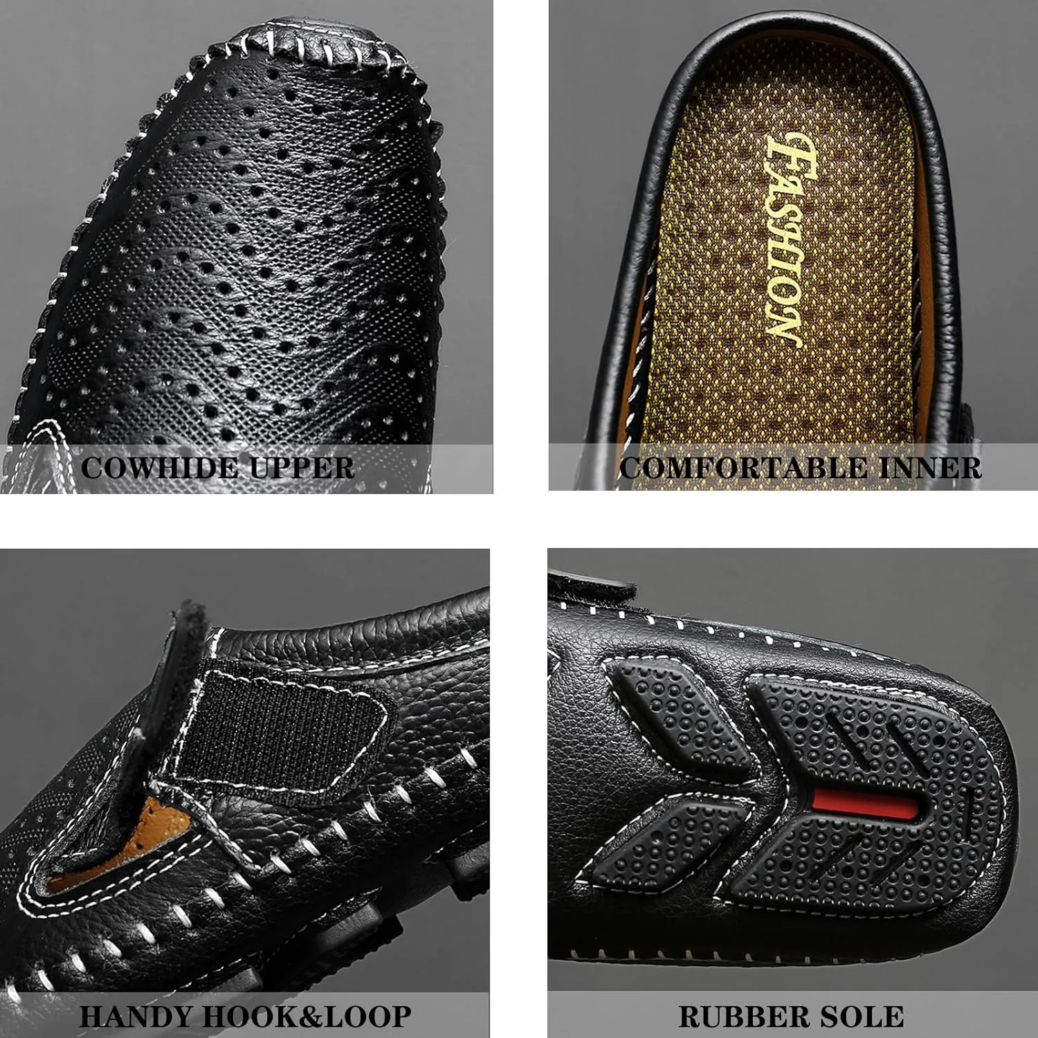 URLECHS Men's Leather Square Toe Cutout Mules,Breathable Punching Hook&Loop Backless Comfortable Loafers,Casual Fashion Flats Walking Driving Shoes