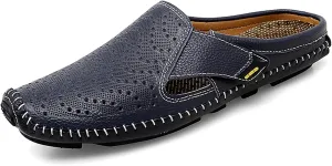 URLECHS Men's Leather Square Toe Cutout Mules,Breathable Punching Hook&Loop Backless Comfortable Loafers,Casual Fashion Flats Walking Driving Shoes