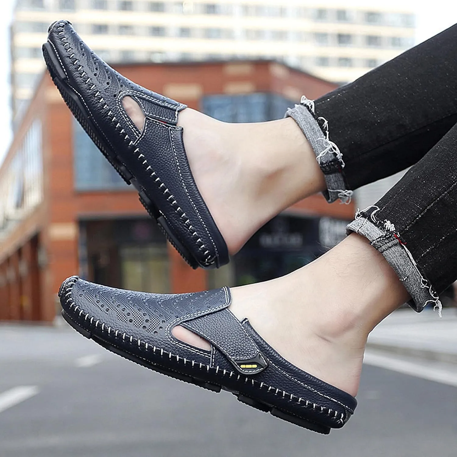 URLECHS Men's Leather Square Toe Cutout Mules,Breathable Punching Hook&Loop Backless Comfortable Loafers,Casual Fashion Flats Walking Driving Shoes