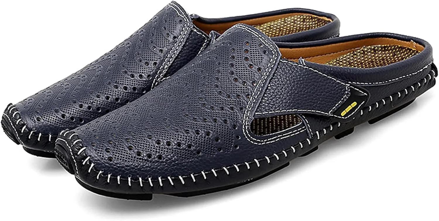 URLECHS Men's Leather Square Toe Cutout Mules,Breathable Punching Hook&Loop Backless Comfortable Loafers,Casual Fashion Flats Walking Driving Shoes