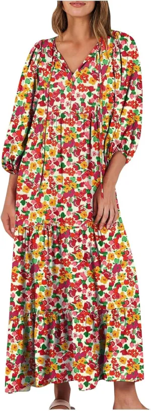 Vacation Dresses for Women 2024 Trendy 3/4 Sleeve Tie V Neck Tiered Ruffle Maxi Dress Causal Loose Long Sleeve Dress