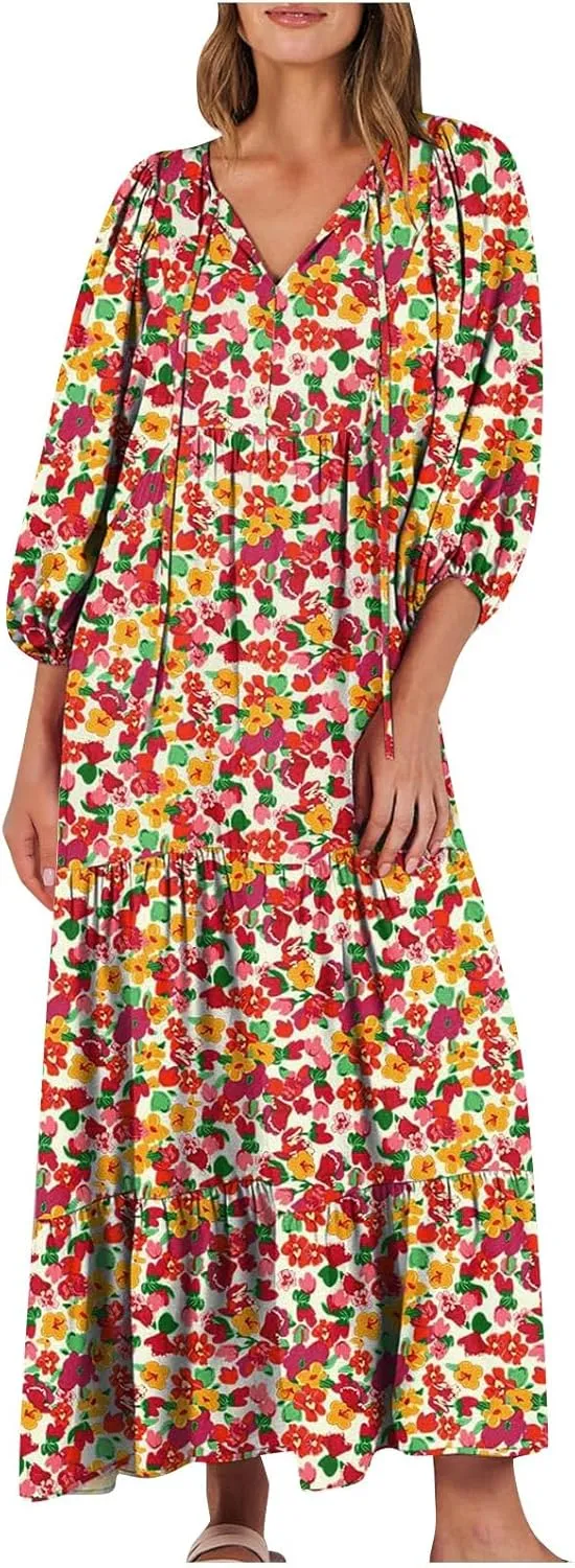 Vacation Dresses for Women 2024 Trendy 3/4 Sleeve Tie V Neck Tiered Ruffle Maxi Dress Causal Loose Long Sleeve Dress