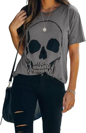 Veatzaer Summer Cotton Graphic Shirts Womens Short Sleeve Crewneck Tees Skull Distressed T Shirt Loose Casual Tops S-XXL