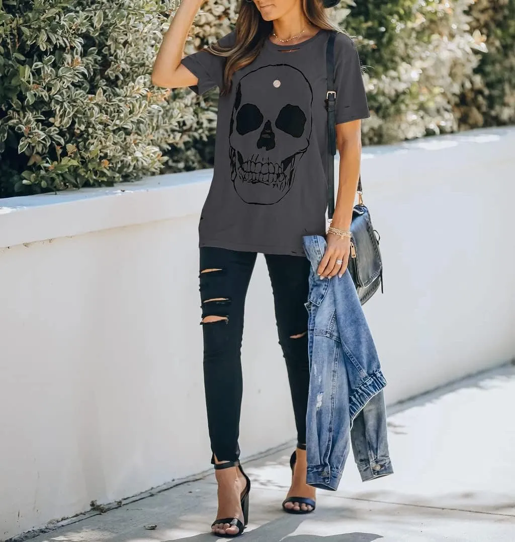 Veatzaer Summer Cotton Graphic Shirts Womens Short Sleeve Crewneck Tees Skull Distressed T Shirt Loose Casual Tops S-XXL