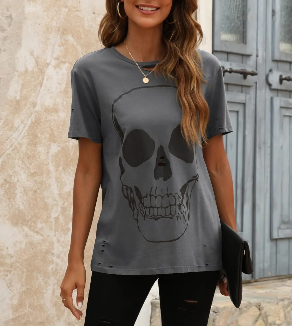Veatzaer Summer Cotton Graphic Shirts Womens Short Sleeve Crewneck Tees Skull Distressed T Shirt Loose Casual Tops S-XXL
