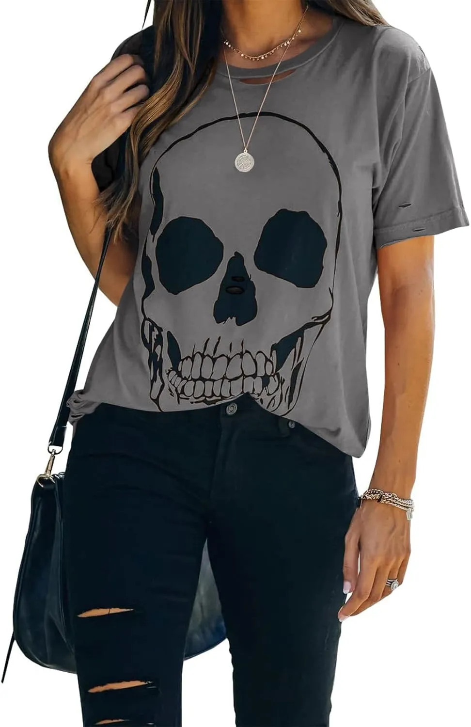 Veatzaer Summer Cotton Graphic Shirts Womens Short Sleeve Crewneck Tees Skull Distressed T Shirt Loose Casual Tops S-XXL
