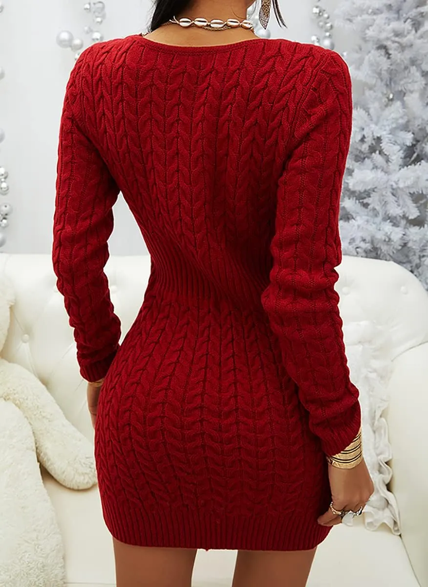Veatzaer Womens Zipper V-Neck Casual Slim Fit Sweater Dress Long Sleeve Solid Sweaters Knit Mini Dress
