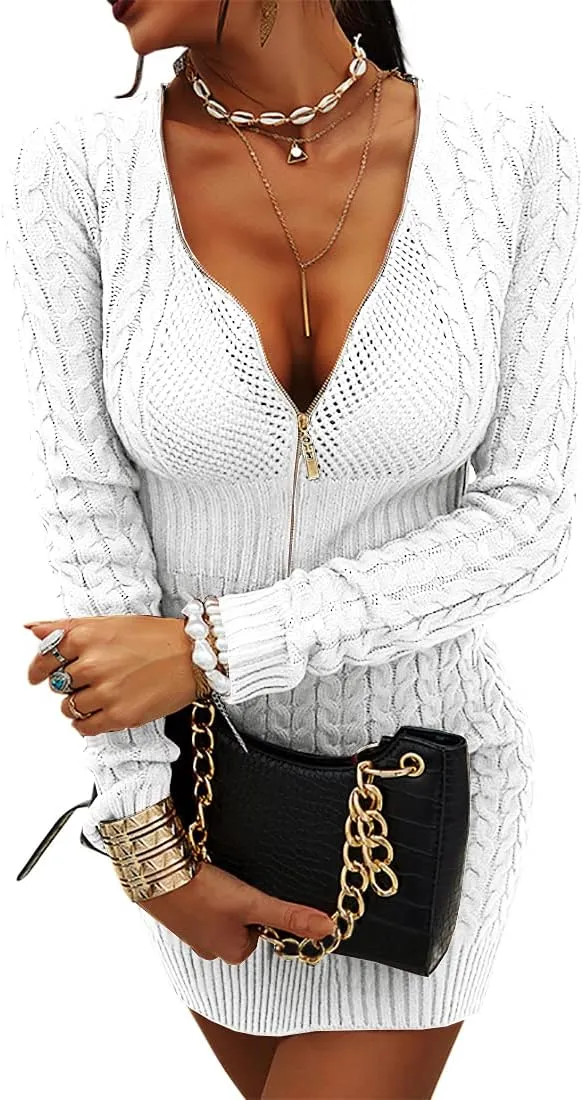 Veatzaer Womens Zipper V-Neck Casual Slim Fit Sweater Dress Long Sleeve Solid Sweaters Knit Mini Dress