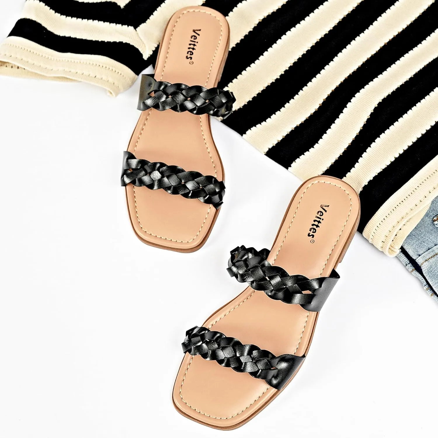Veittes Women's Flat Slide Sandals - Casual Classic Simple Strappy Slip on Flat Summer Sandals.