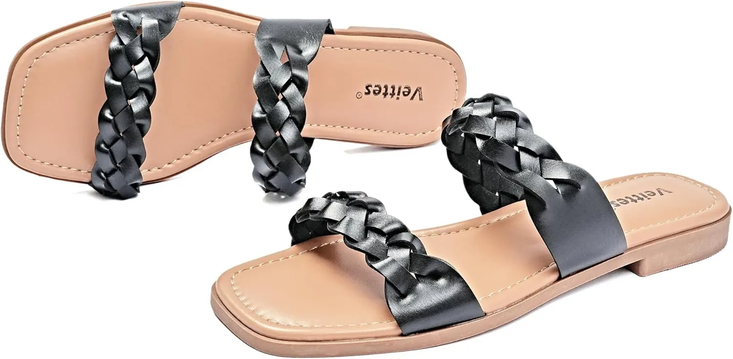 Veittes Women's Flat Slide Sandals - Casual Classic Simple Strappy Slip on Flat Summer Sandals.