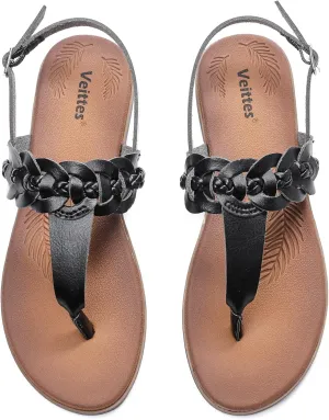 Veittes Women's Flat Slide Sandals - Fashionable Elastic Ankle Strap Comfortable Flat Summer Sandals.