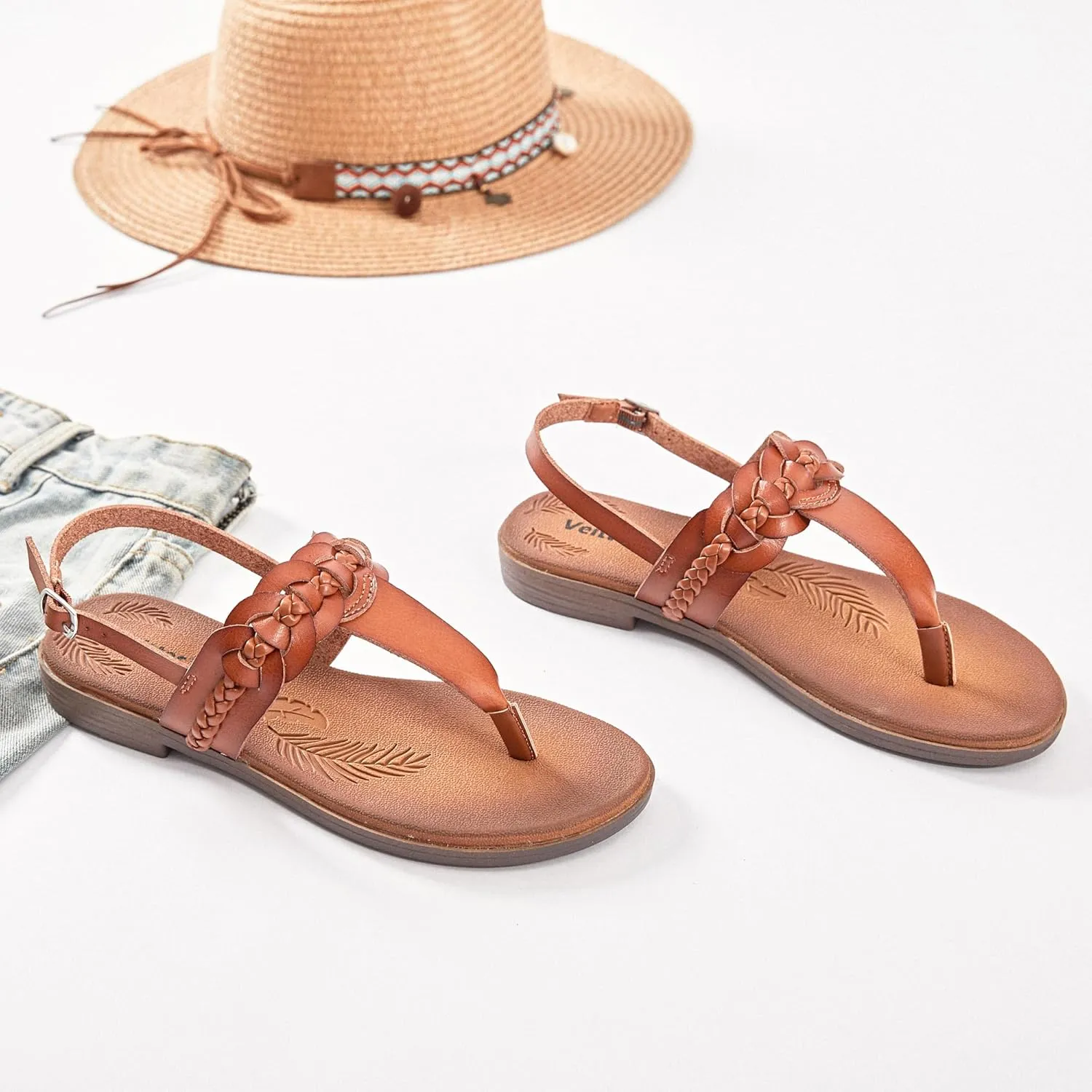 Veittes Women's Flat Slide Sandals - Fashionable Elastic Ankle Strap Comfortable Flat Summer Sandals.