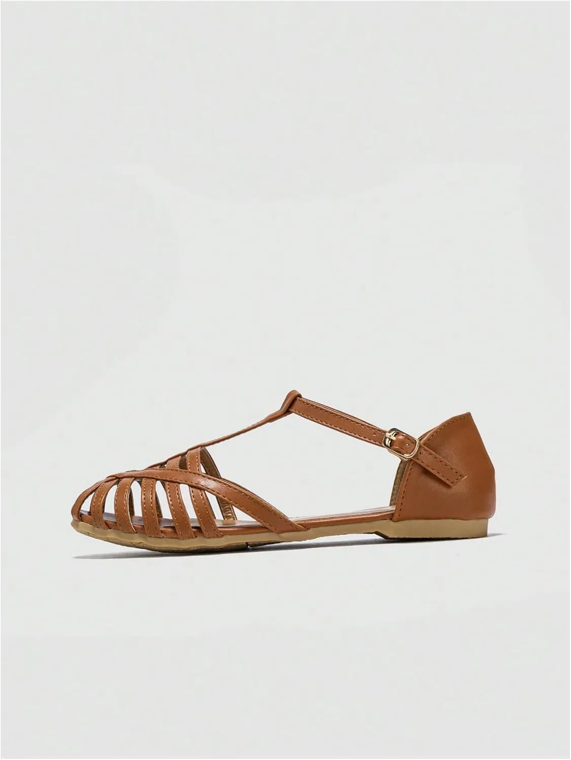 Verdusa Women's Closed Toe Strappy Flat Sandals Ankle Strap Leather Flat Shoes