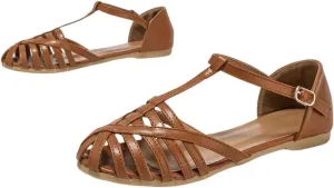 Verdusa Women's Closed Toe Strappy Flat Sandals Ankle Strap Leather Flat Shoes