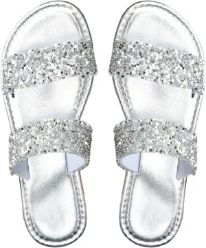 Verdusa Women's Glitter Rhinestone Flat Sandals Open Toe Double Strap Summer Slip on Slides