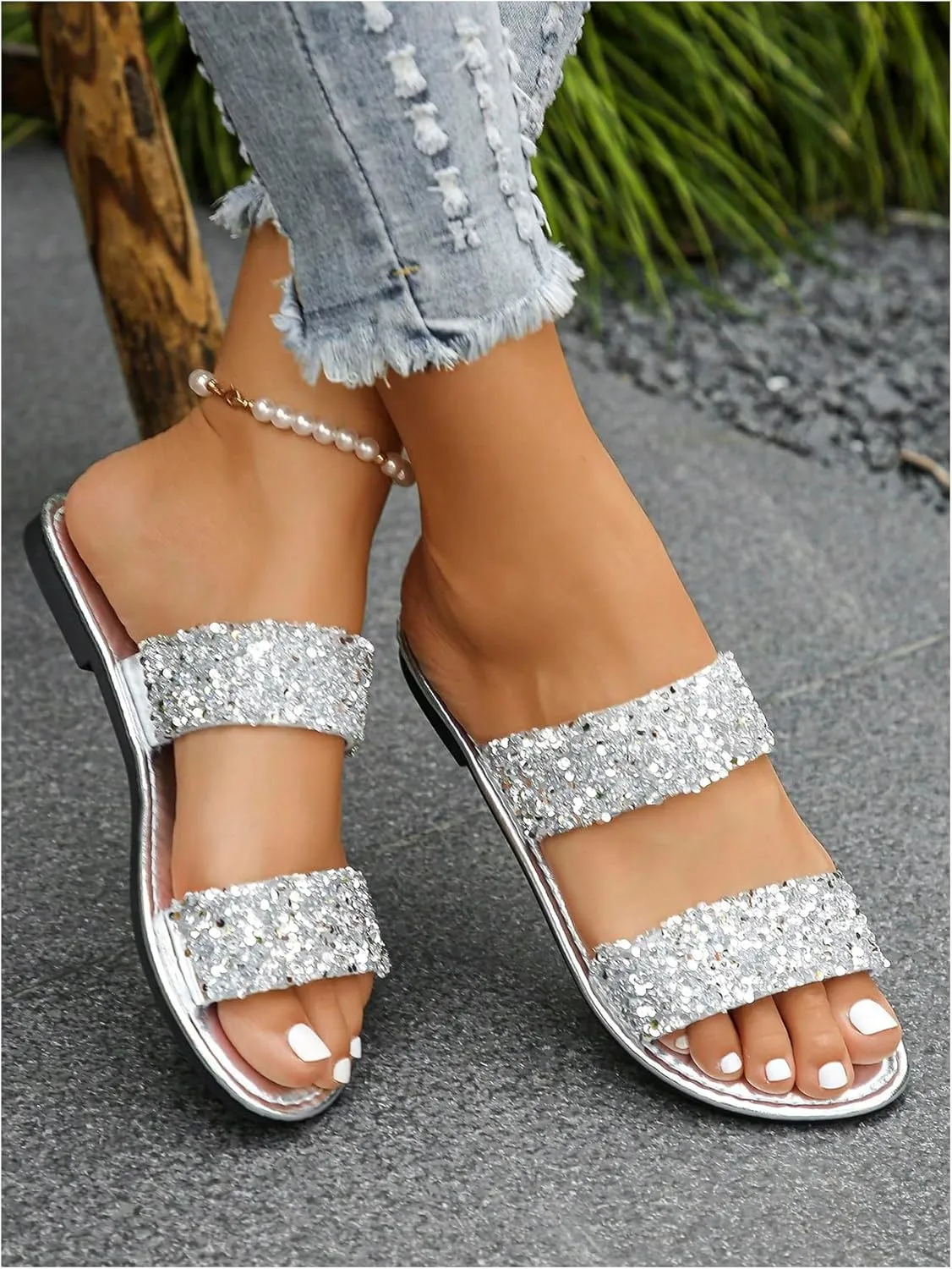 Verdusa Women's Glitter Rhinestone Flat Sandals Open Toe Double Strap Summer Slip on Slides