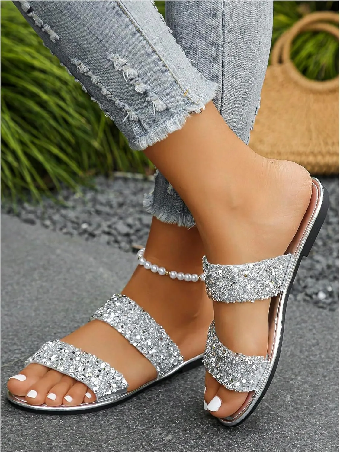 Verdusa Women's Glitter Rhinestone Flat Sandals Open Toe Double Strap Summer Slip on Slides
