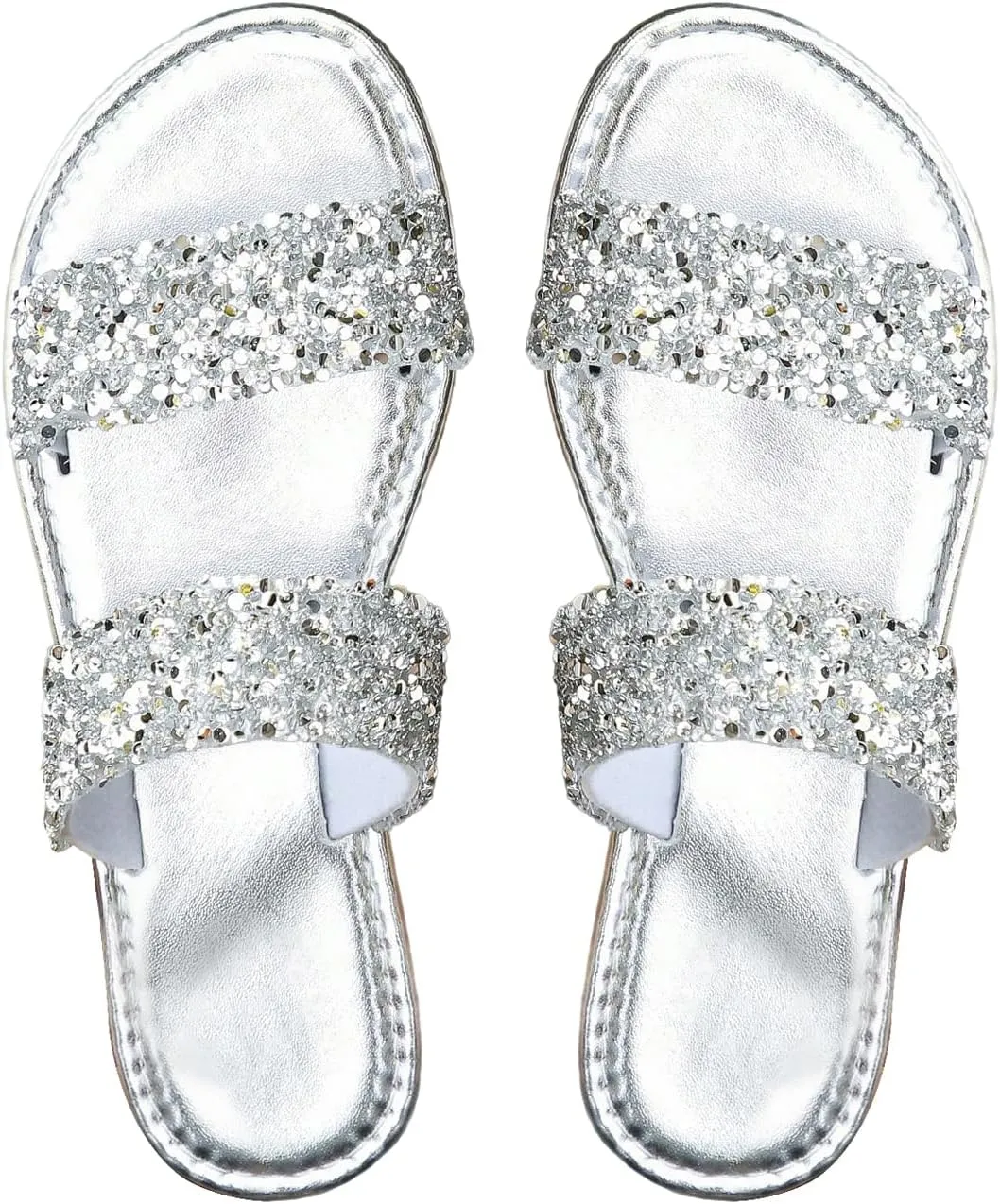 Verdusa Women's Glitter Rhinestone Flat Sandals Open Toe Double Strap Summer Slip on Slides
