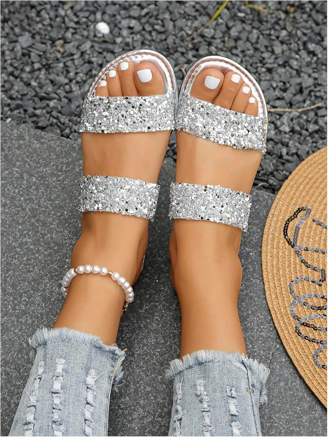 Verdusa Women's Glitter Rhinestone Flat Sandals Open Toe Double Strap Summer Slip on Slides