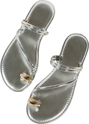 Verdusa Women's Metallic Open Toe Ring Sandals Summer Strappy Flat Sandals
