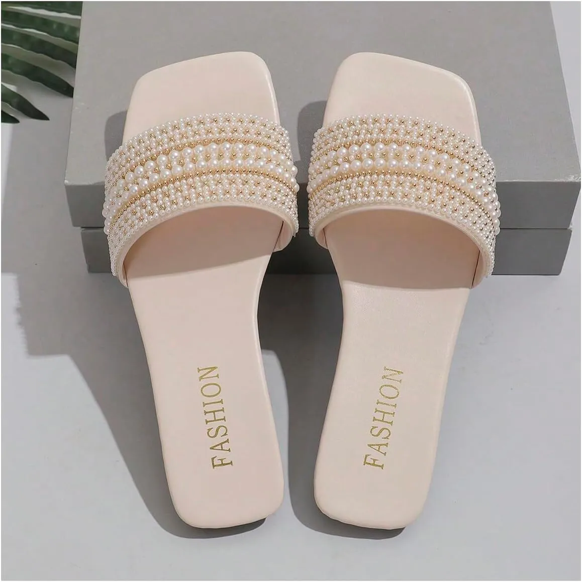 Verdusa Women's Pearl Decor Flat Sandals Slip Open Toe Leather Slippers Slip on Slides