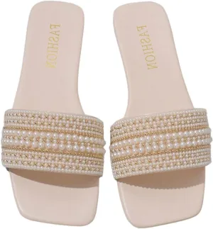 Verdusa Women's Pearl Decor Flat Sandals Slip Open Toe Leather Slippers Slip on Slides