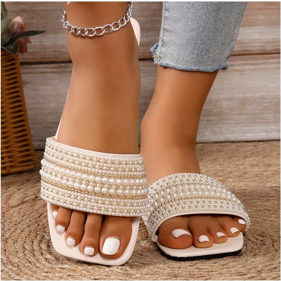 Verdusa Women's Pearl Decor Flat Sandals Slip Open Toe Leather Slippers Slip on Slides