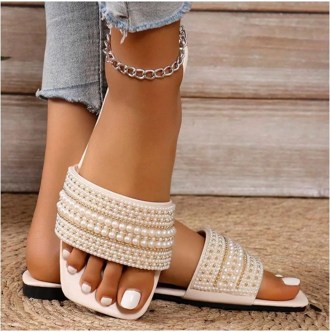 Verdusa Women's Pearl Decor Flat Sandals Slip Open Toe Leather Slippers Slip on Slides