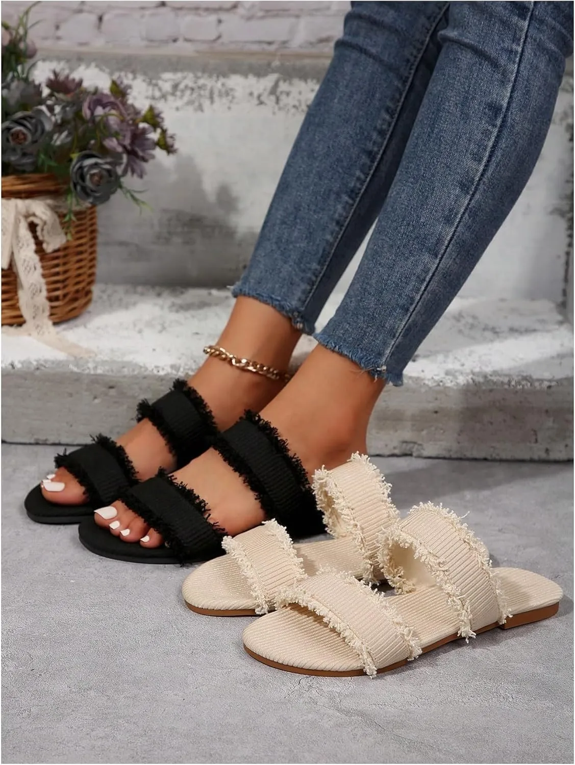 Verdusa Women's PU Leather Open Toe Slip on Flat Sandal Two Band Fringe Trim Slide Slipper