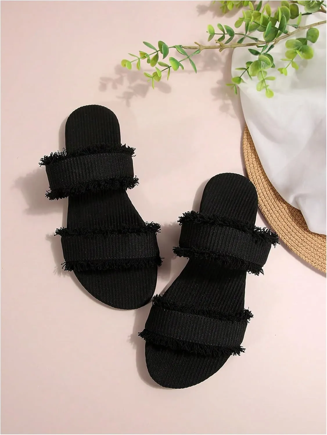 Verdusa Women's PU Leather Open Toe Slip on Flat Sandal Two Band Fringe Trim Slide Slipper