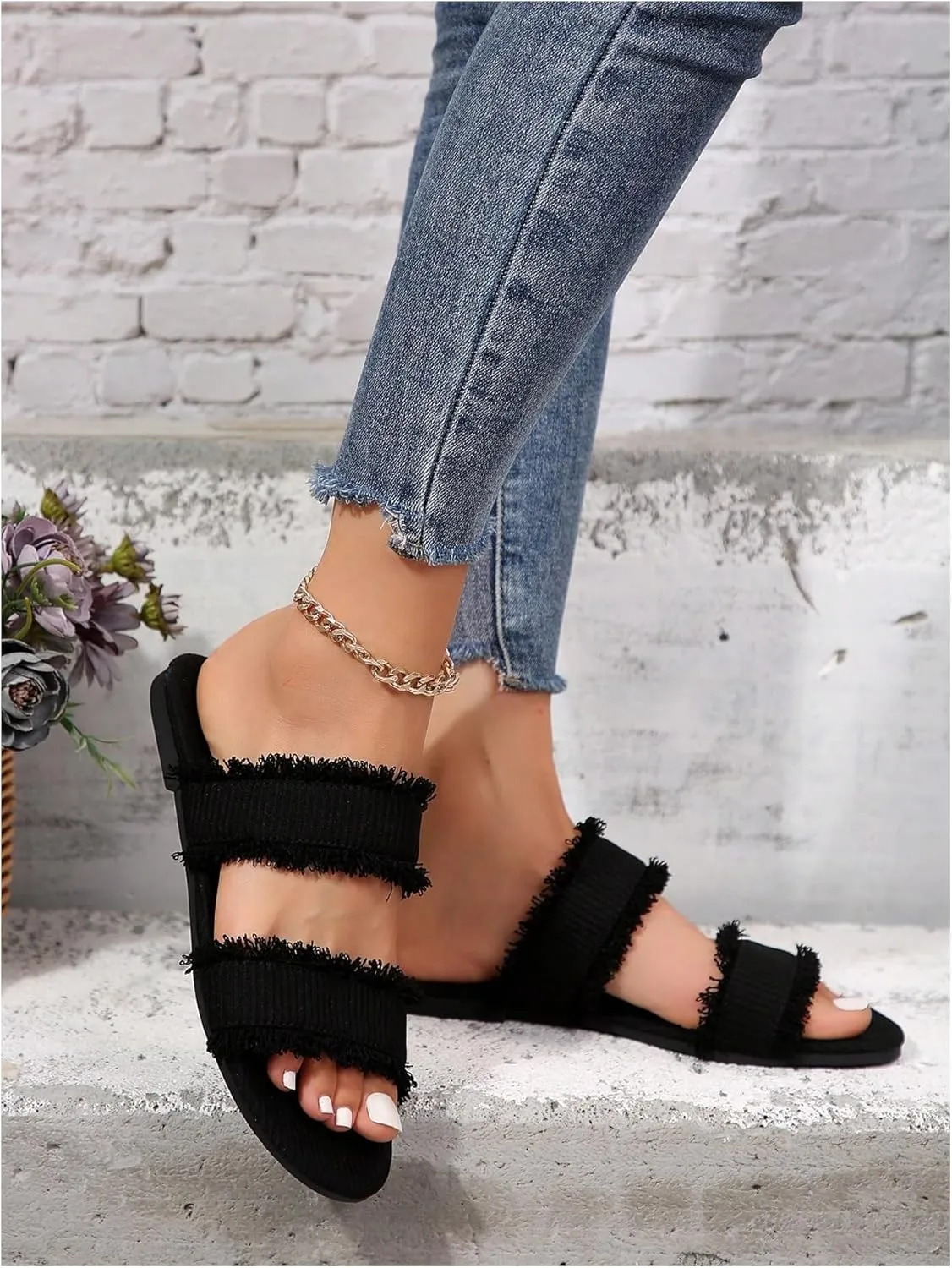 Verdusa Women's PU Leather Open Toe Slip on Flat Sandal Two Band Fringe Trim Slide Slipper