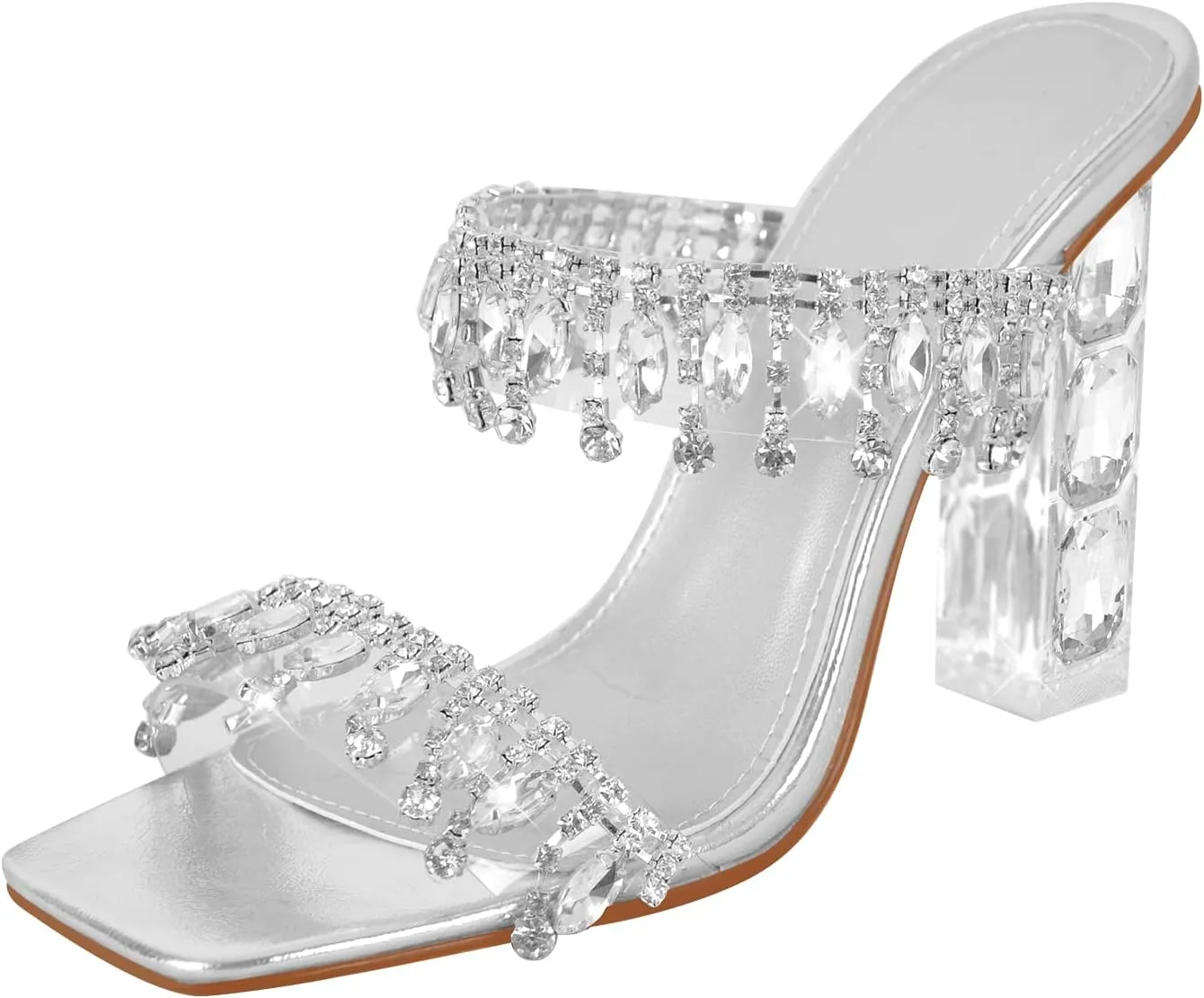 VERISSON Women's Rhinestone Chandelier Mules Sandals Squared Open Toe Crystal High Heels
