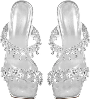 VERISSON Women's Rhinestone Chandelier Mules Sandals Squared Open Toe Crystal High Heels