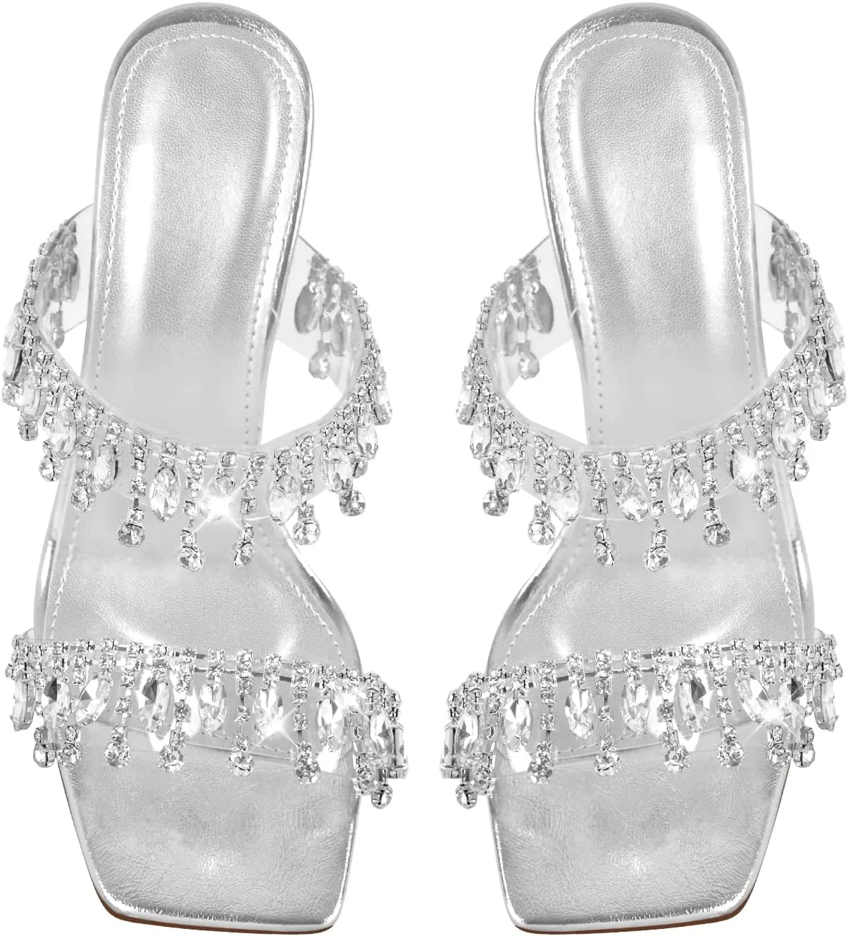 VERISSON Women's Rhinestone Chandelier Mules Sandals Squared Open Toe Crystal High Heels