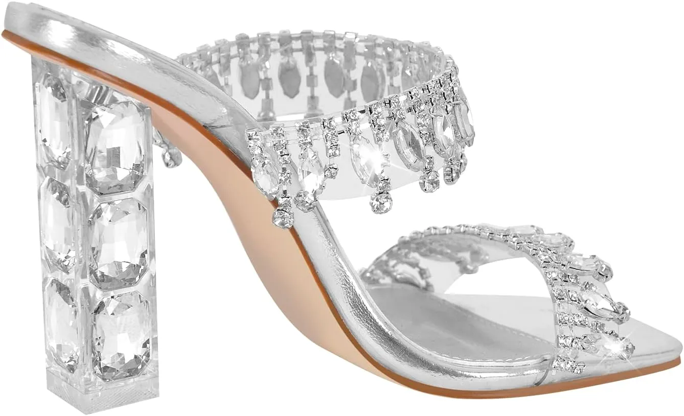VERISSON Women's Rhinestone Chandelier Mules Sandals Squared Open Toe Crystal High Heels