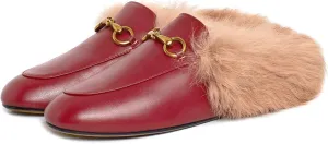 Vertundy Fur Mules with Matal Buckle Slip On Flats for Women Backless Sandals Dress Shoes Work Slides