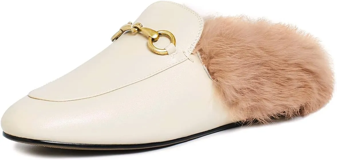 Vertundy Fur Mules with Matal Buckle Slip On Flats for Women Backless Sandals Dress Shoes Work Slides