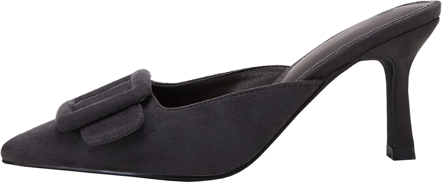 VETASTE Women's Heeled Mules Pointed Toe Suede Buckle Slip On Sandals Kitten Heels Party Wedding Shoes