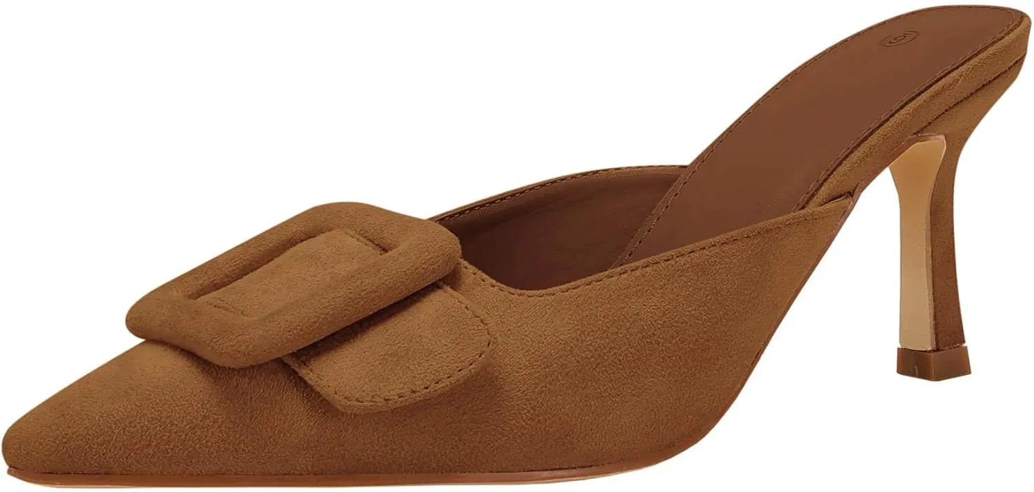 VETASTE Women's Heeled Mules Pointed Toe Suede Buckle Slip On Sandals Kitten Heels Party Wedding Shoes