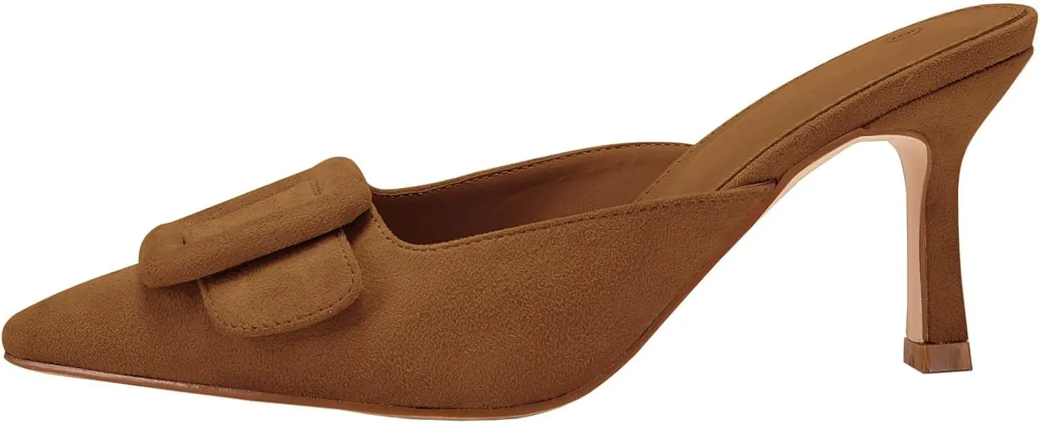 VETASTE Women's Heeled Mules Pointed Toe Suede Buckle Slip On Sandals Kitten Heels Party Wedding Shoes